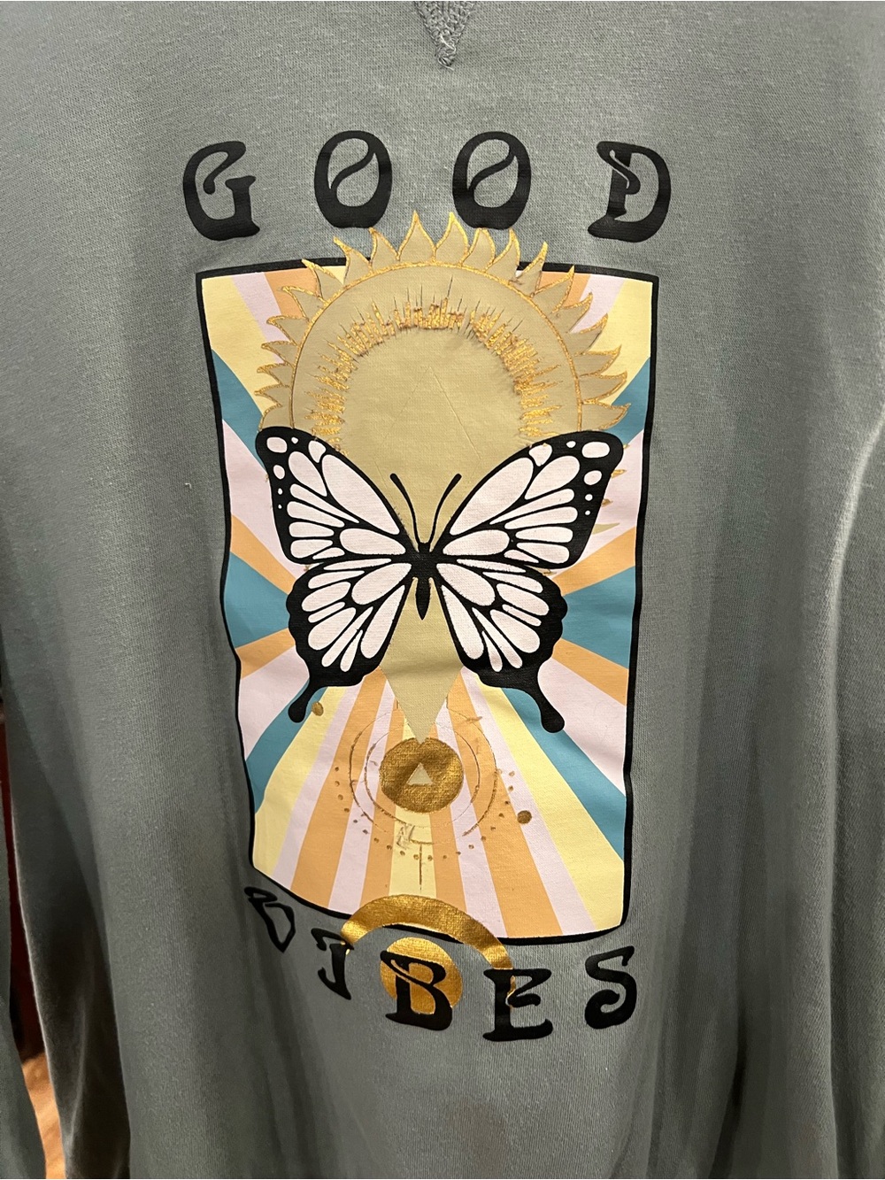 Belle Du Jour Sage Green Graphic Tee with Sun & Butterfly Art